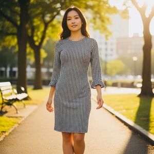 Bailey 44 Women's Gingham Sheath Dress Small Black White Ruffle Sleeve Zip Back